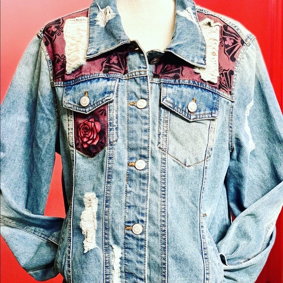 Raven Gothic Handpainted on new distressed denim jacket SZ XL womens Crow - Picture 5 of 10